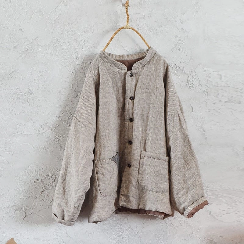 Removable Hood Women Solid Color Padded Retro Linen Coat