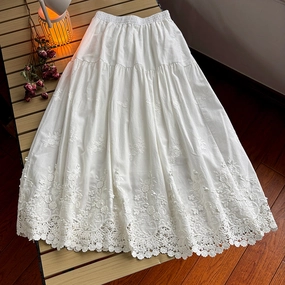 Women Spring Bloom Embroidered Cotton A-Line Skirt Tender Waist