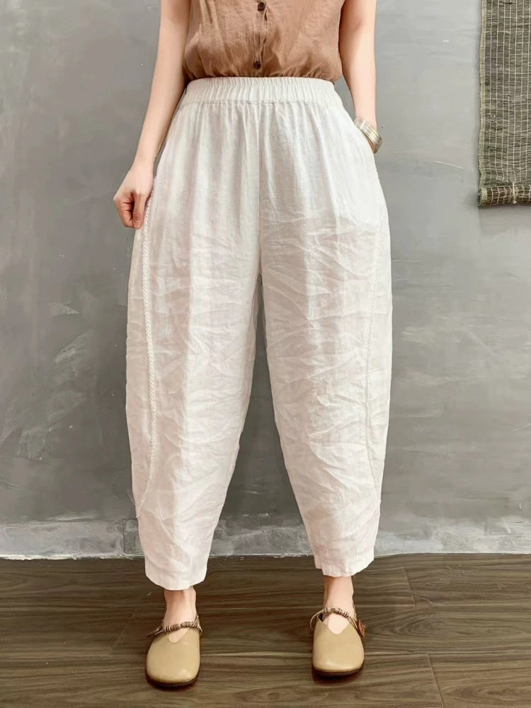 Airy Fabric Women Spring Casual Linen Elastic Waist Harem Cropped Pants
