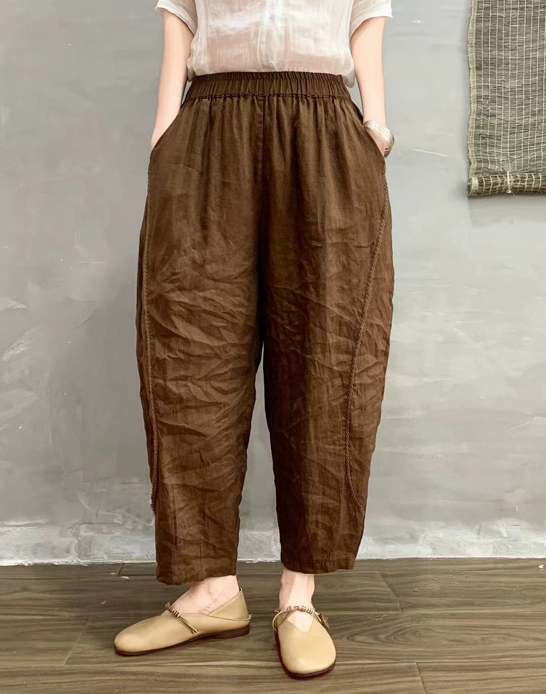 Women Spring Casual Linen Elastic Waist Harem Cropped Pants featherlight Smooth Finish