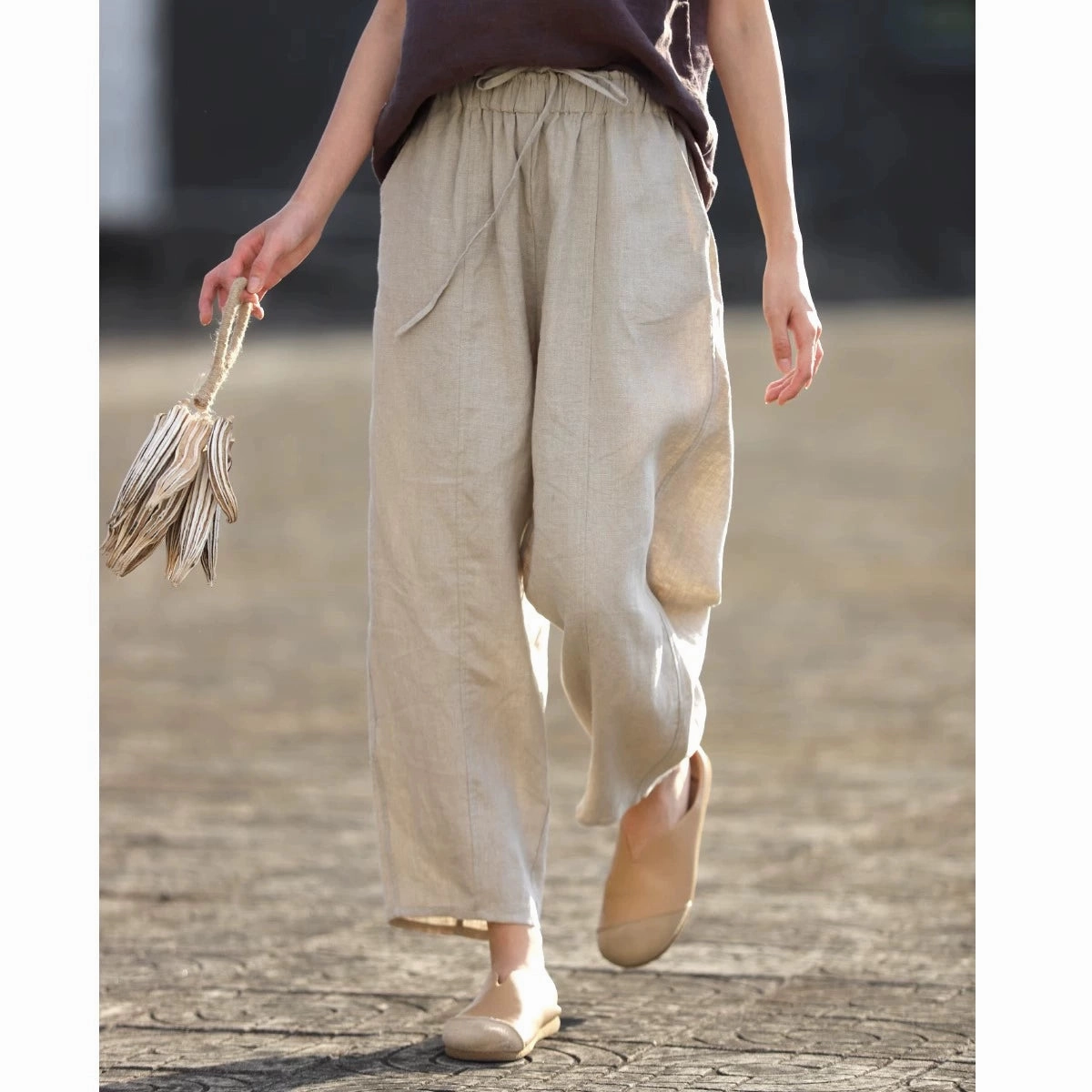 Women Spring Cotton Linen Casual Lace-Up Ankle Pants Tangle Free