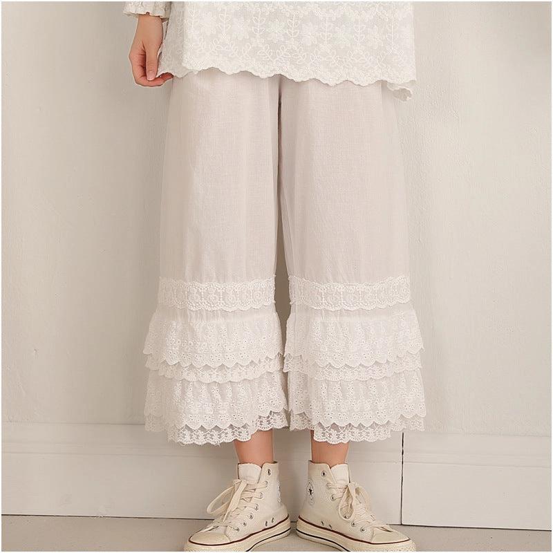 Women Spring Cotton Ruffle Bottom Wide Leg Pants Abrasion resistant Breathable mesh