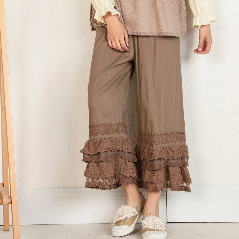 Women Spring Cotton Ruffle Bottom Wide Leg Pants Soft Touch