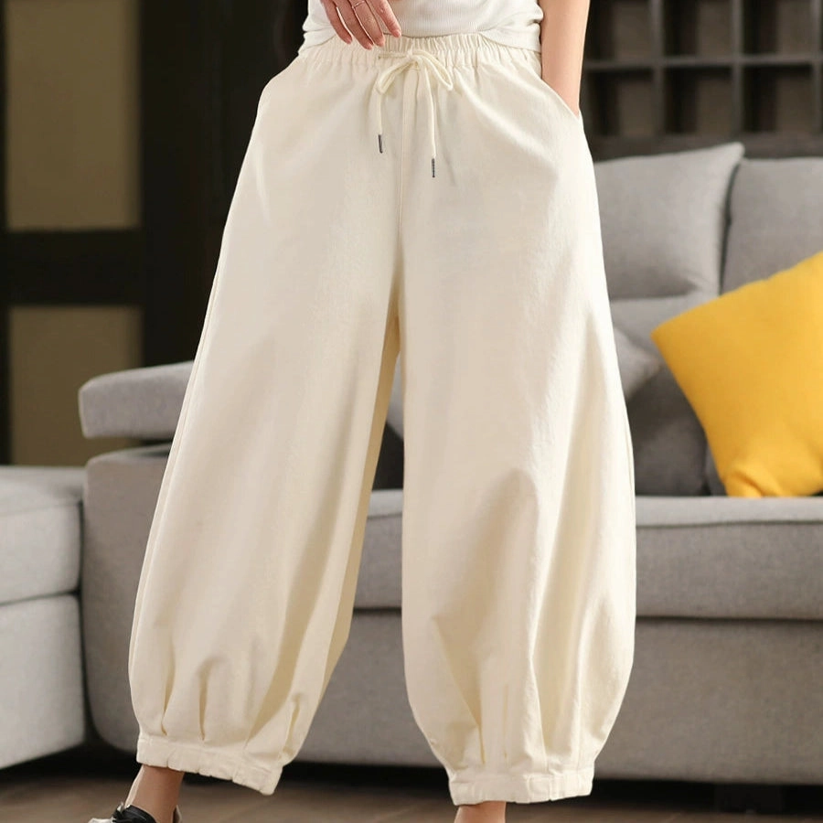 Women Spring Retro Cotton Solid Color Harem Pants No Bleeding