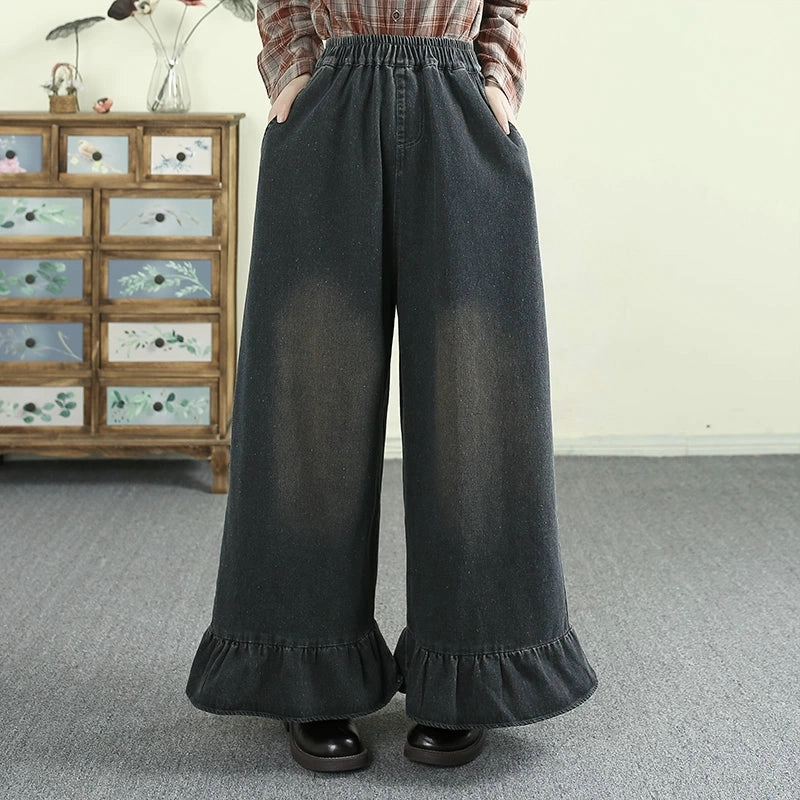 Women Spring Retro Denim Ruffled Wide-Leg Pants skin friendly