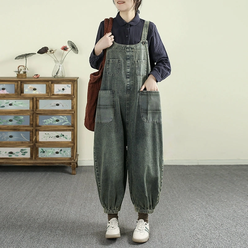 Fluid motion Women Spring Vintage Cotton Denim Patchwork Loose Jumpsuit