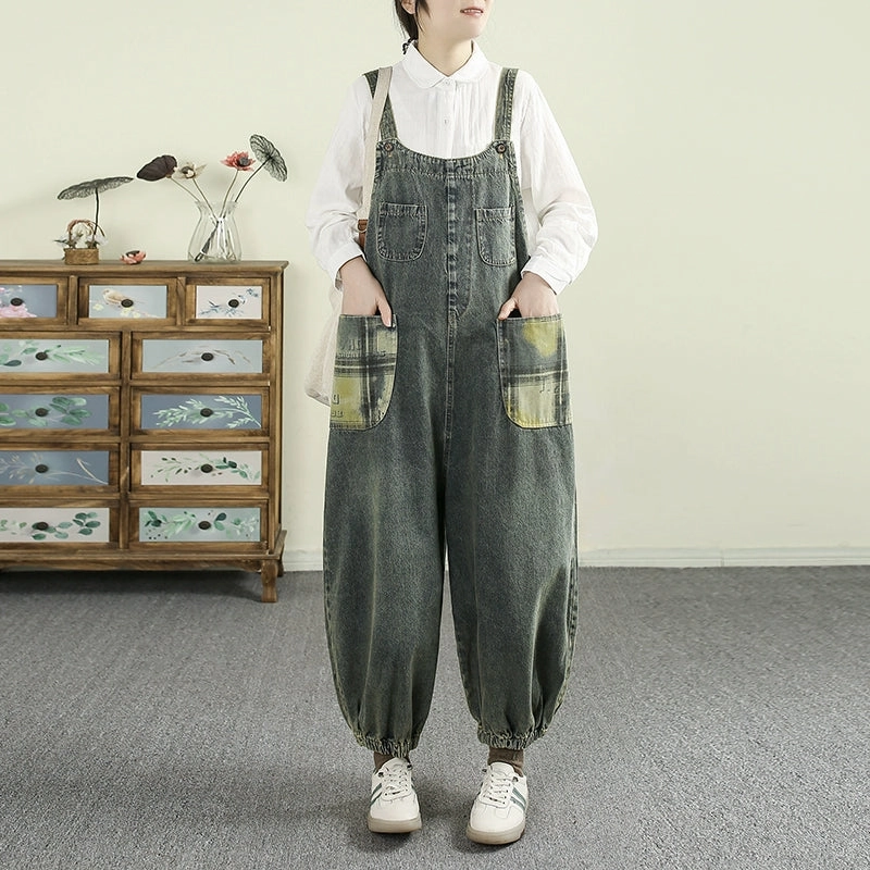 Women Spring Vintage Cotton Denim Patchwork Loose Jumpsuit Tangle Free