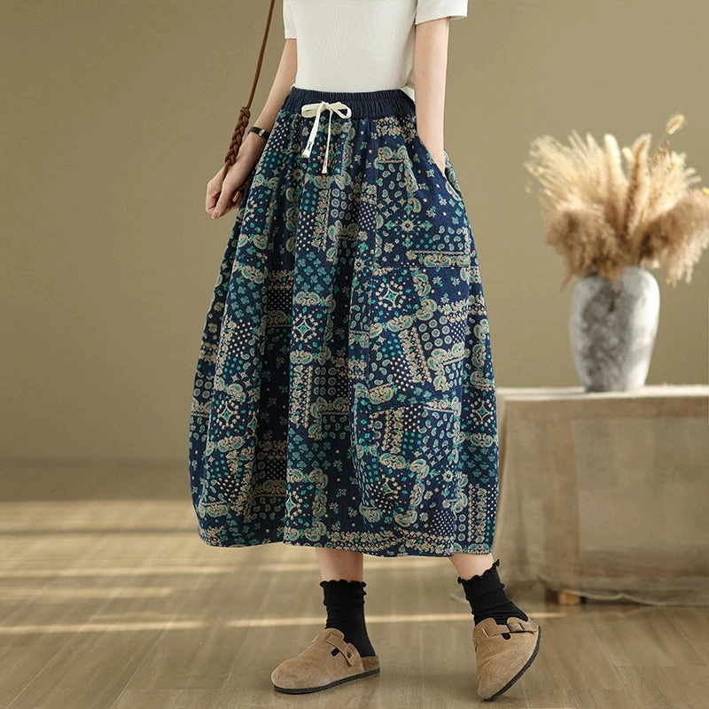 Silky texture Women Spring Vintage Denim Printed Bubble Skirt
