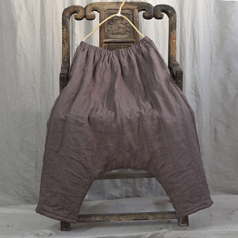 Women Striped Warm Drop-Crotch Cotton Linen Pants Snag Free