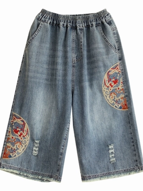 Lightweight Feel Women Summer Denim Embroidered Casual Loose Shorts