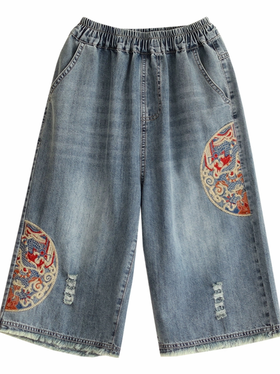 Lightweight Feel Women Summer Denim Embroidered Casual Loose Shorts