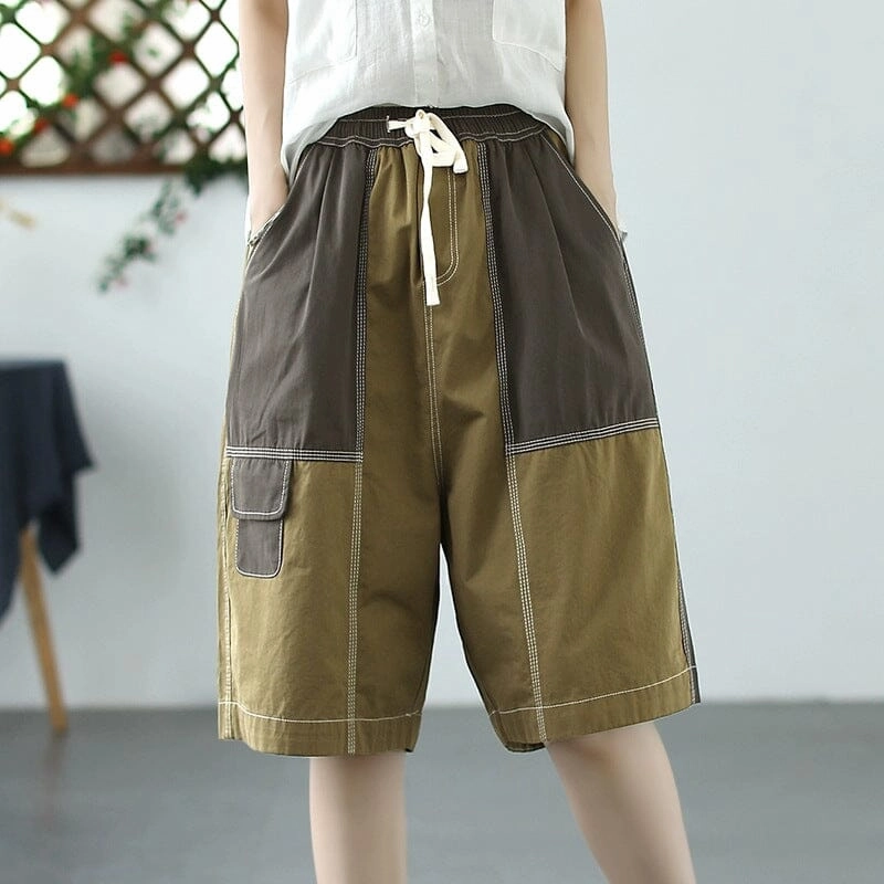 Heat Management Women Summer Loose Patchwork Cotton Shorts
