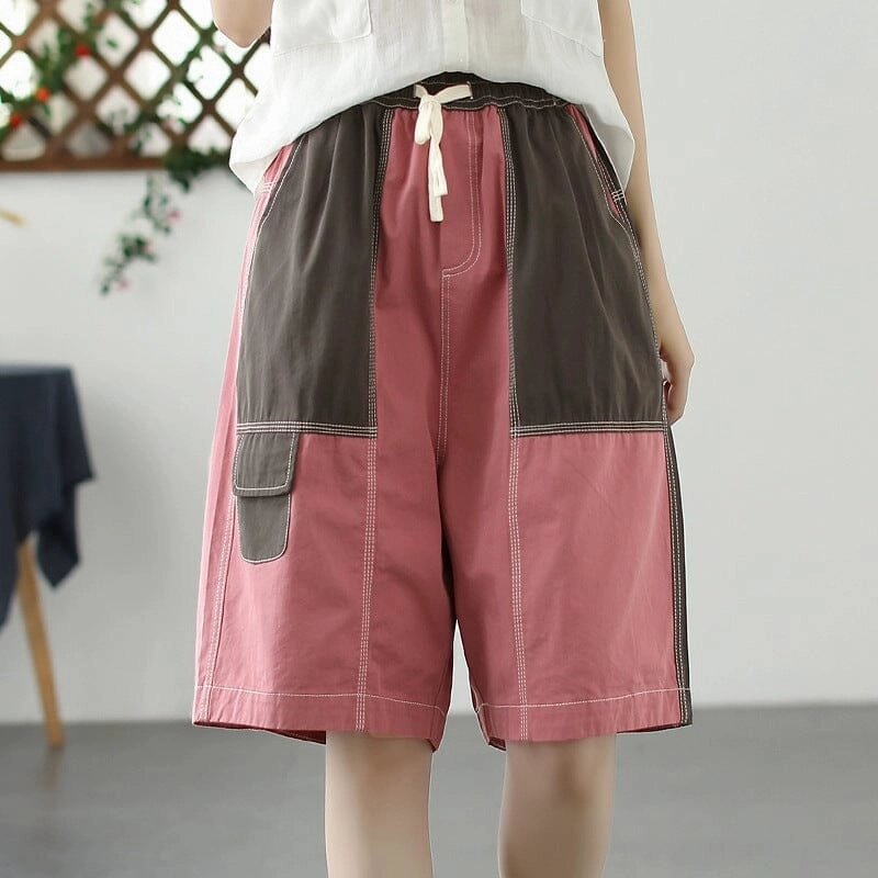 Durable Material Women Summer Loose Patchwork Cotton Shorts