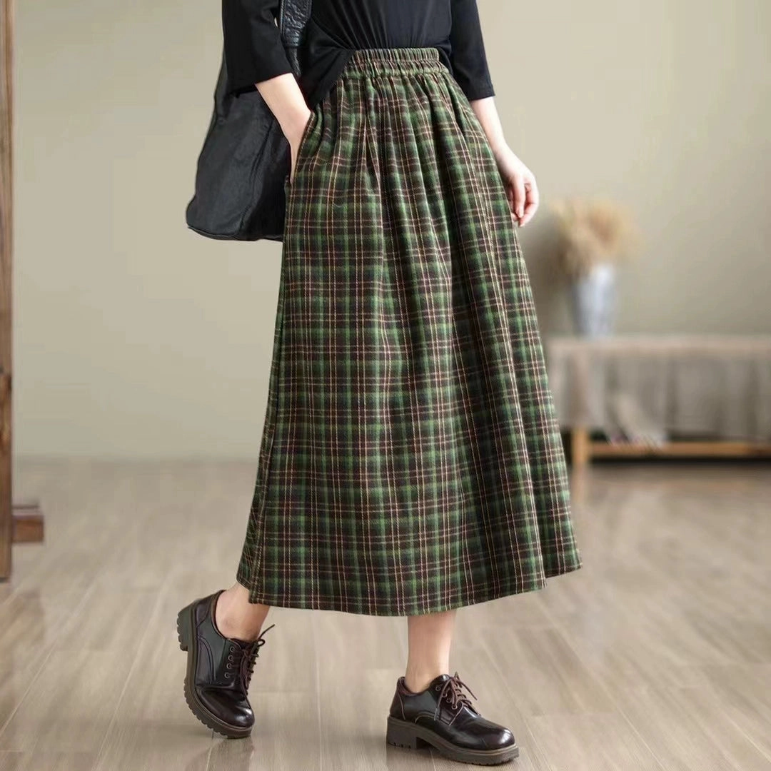 Women Summer Retro Cotton Plaid Loose Versatile A-Line Skirt Shrink Proof Color Safe