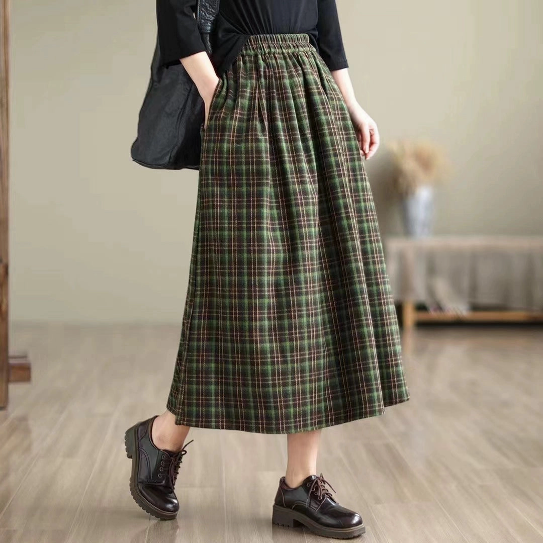 Pure Fabric Quality Material Women Summer Retro Cotton Plaid Loose Versatile A-Line Skirt