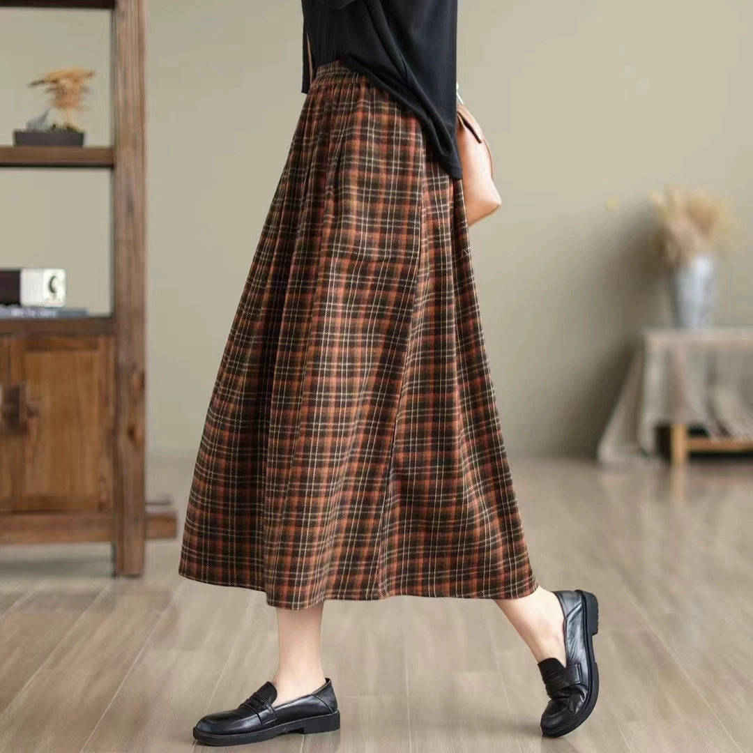 Women Summer Retro Cotton Plaid Loose Versatile A-Line Skirt Soft Feel