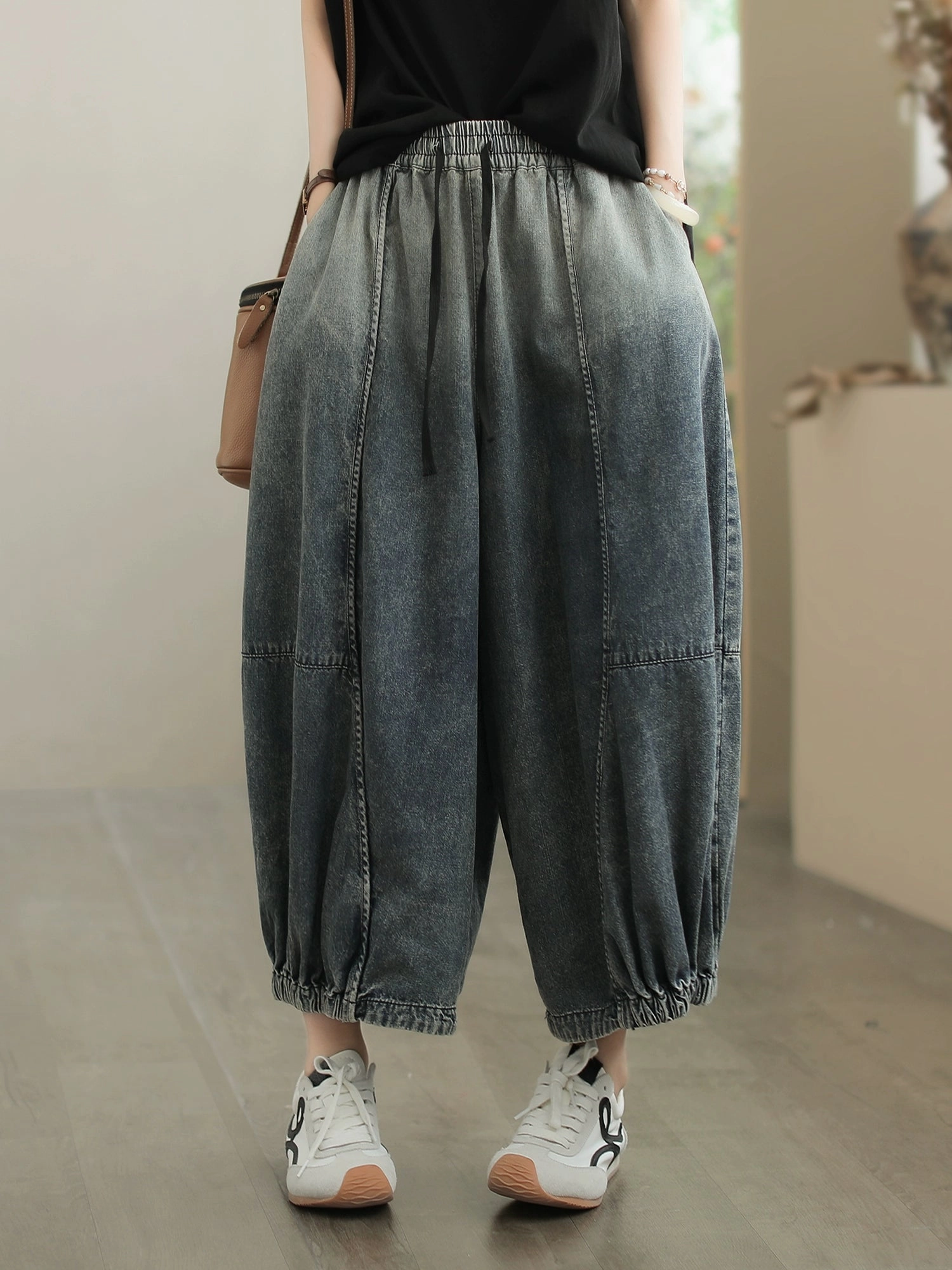 Women Summer Retro Washed Loose Patchwork Harem Jeans Pure Fabric