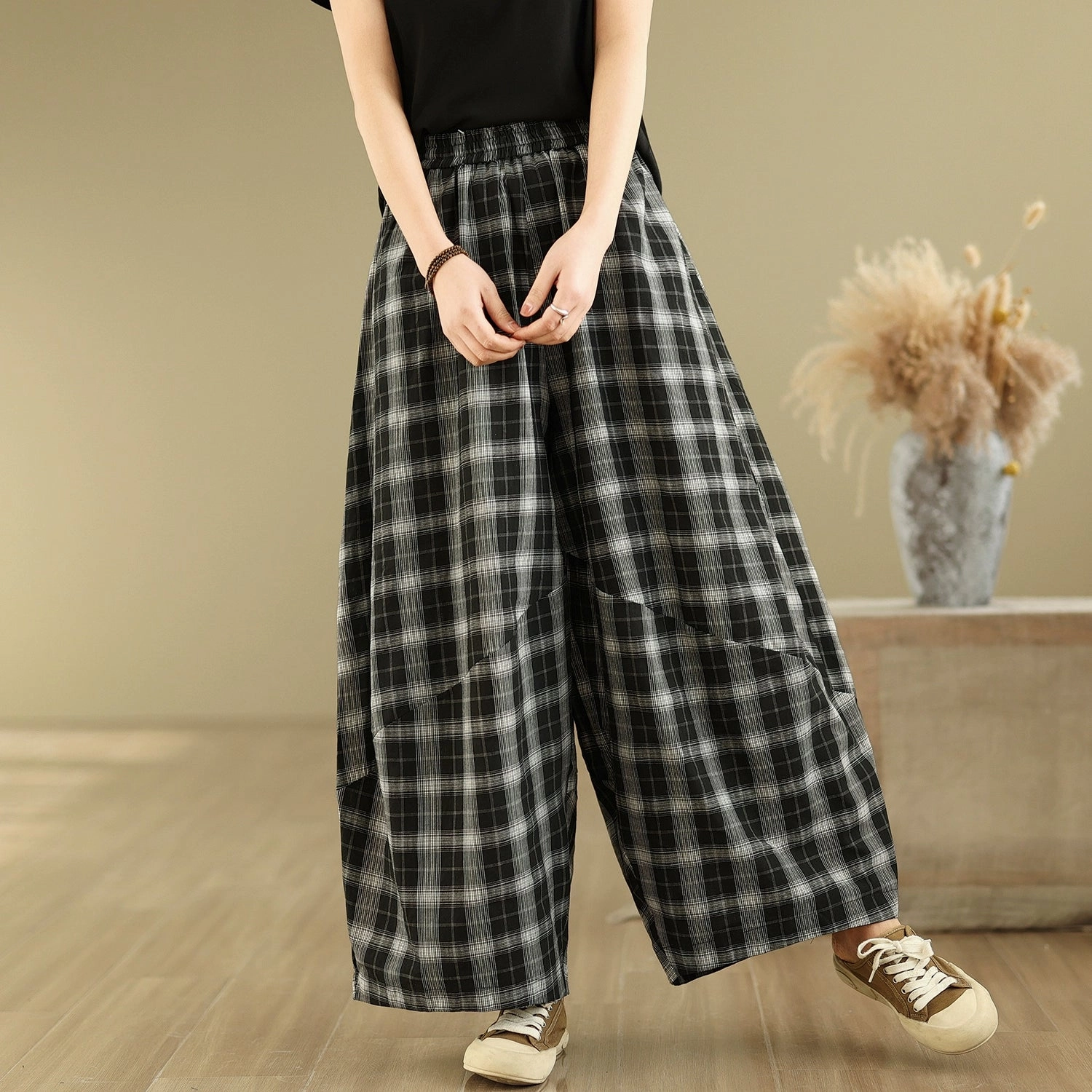 Women Summer Vintage Cotton Plaid Casual Harem Pants Gentle Elastic Fresh Fabric