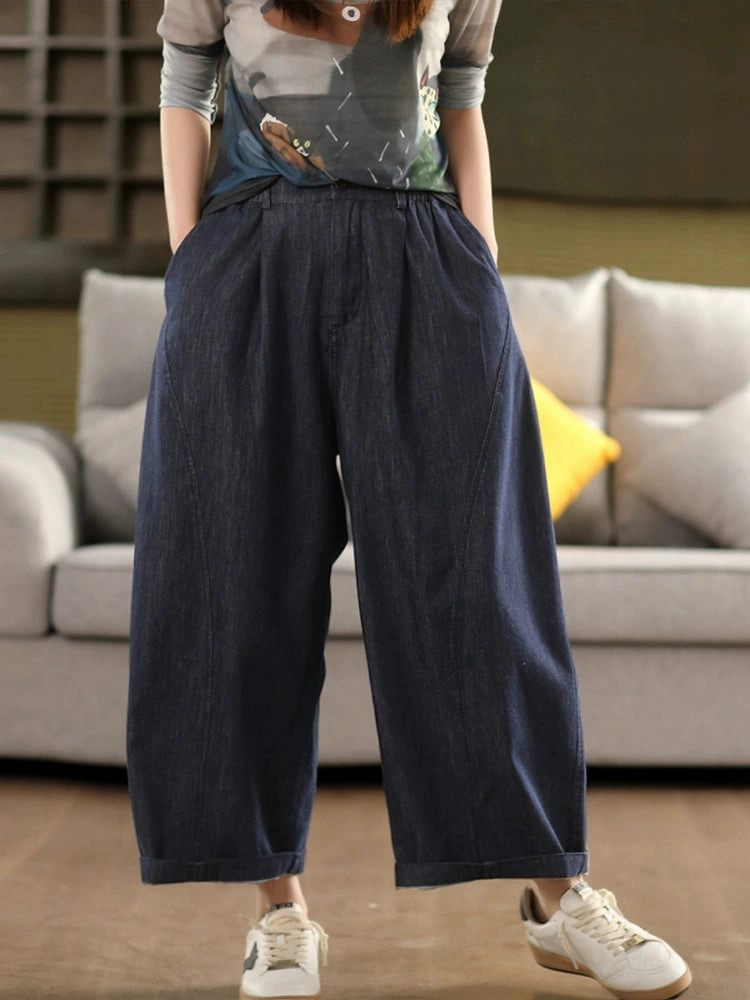 Women Vintage Cotton Loose Fit Denim Trousers Wide Leg Pants Long Lasting
