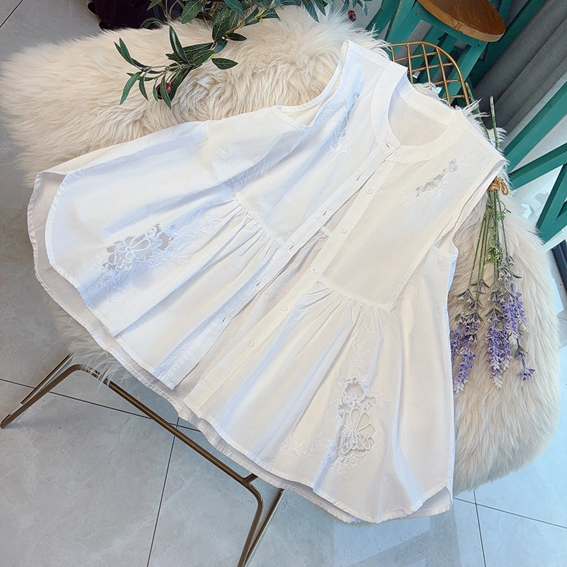 Insulated Lining Formal Use Women Vintage Embroidered Cotton Sleeveless Layered Vest Blouse