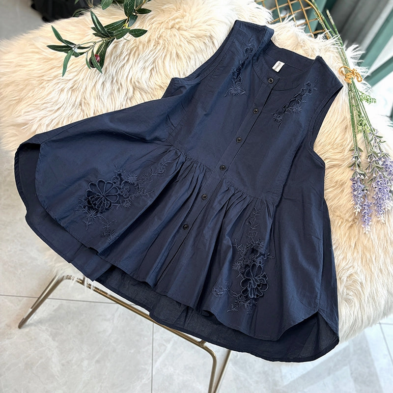Recycled materials Women Vintage Embroidered Cotton Sleeveless Layered Vest Blouse