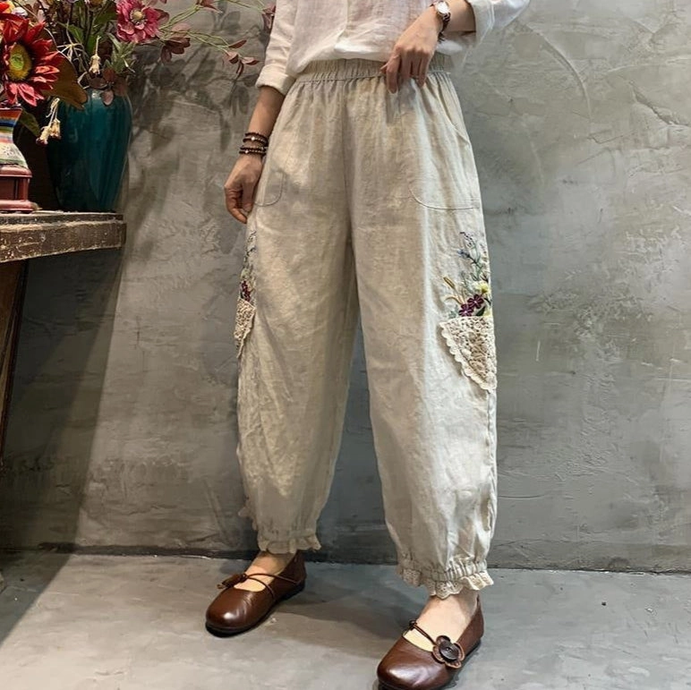Comfortable lining Fortified Stitching Women Vintage Embroidered Lace Cotton Linen Harem Pants
