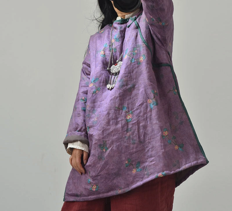 Teflon Finish Zipper Closure System Women Vintage Printed Asymmetric Front Cotton Ramie Coat