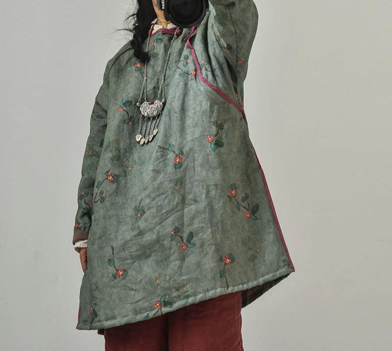 Women Vintage Printed Asymmetric Front Cotton Ramie Coat SlimSilhouette