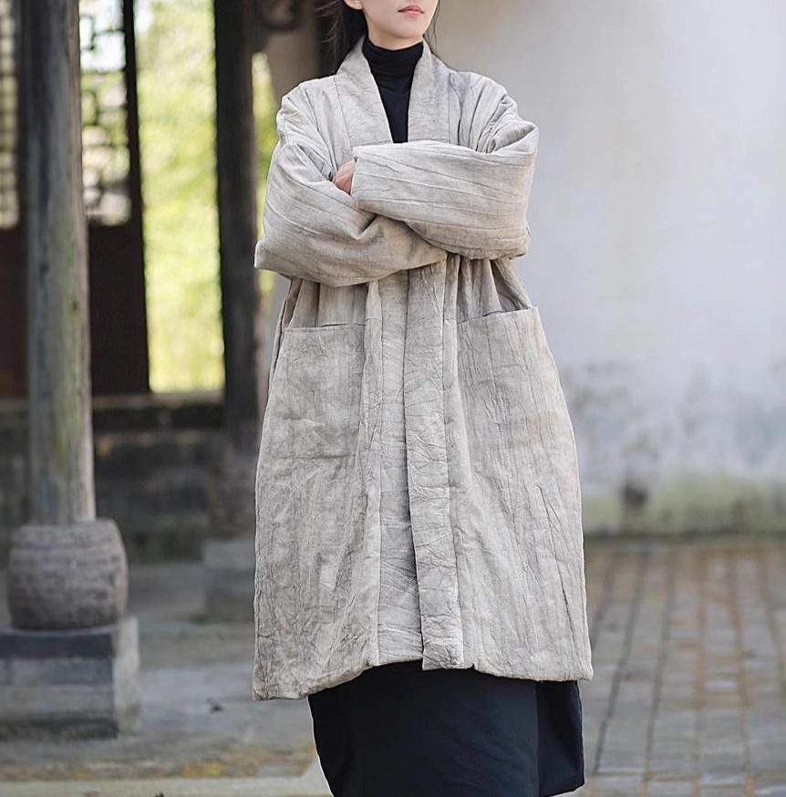 Water Based Coating Women Vintage Tie-Dyed Loose Padded Cotton Ramie Coat