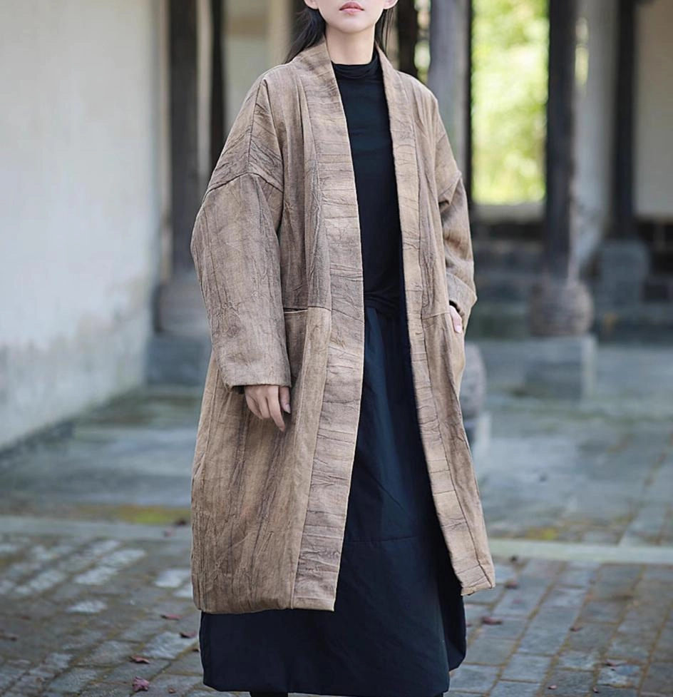 Women Vintage Tie-Dyed Loose Padded Cotton Ramie Coat Contoured Back Panel Eco Certified Textile