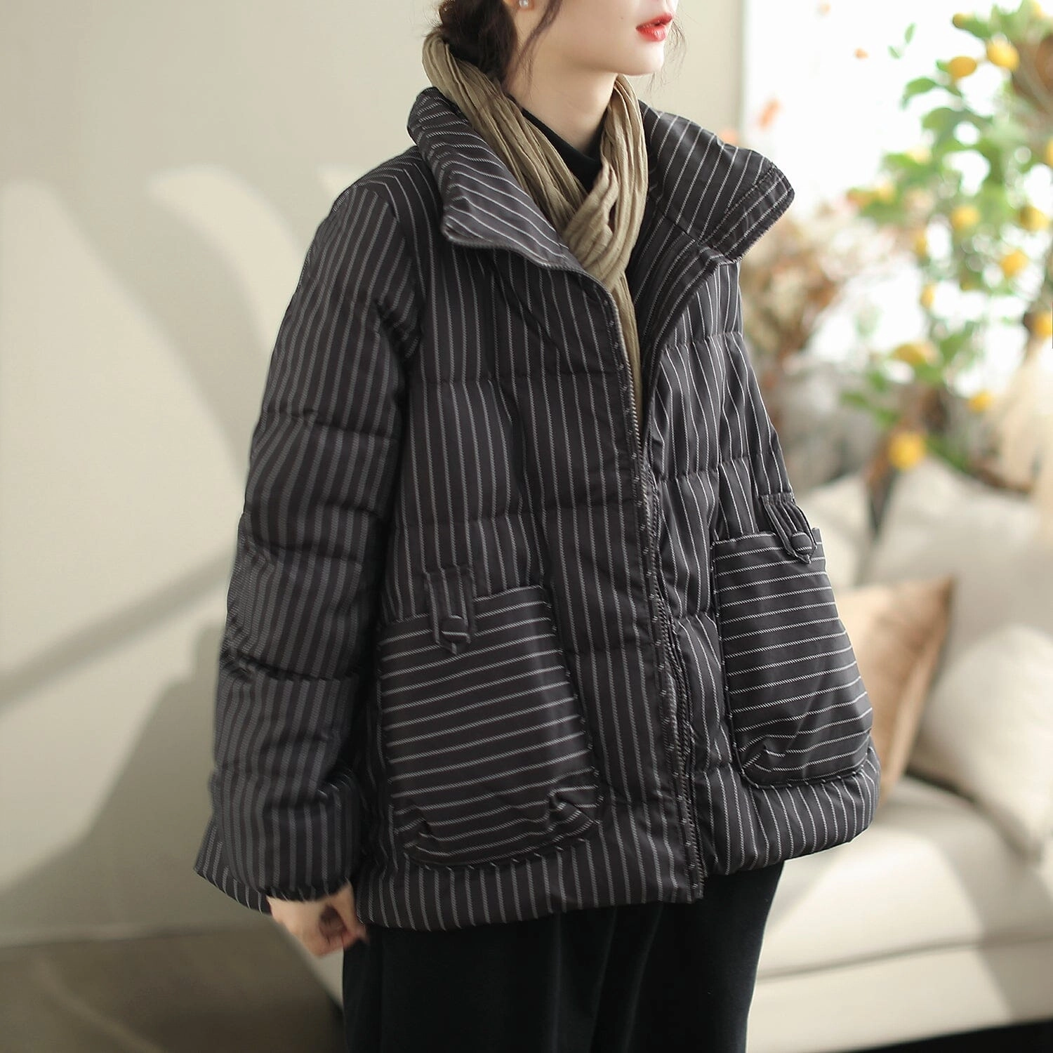 Women Winter Casual Fashion Stripe Down Coat Wrinkle Free Material