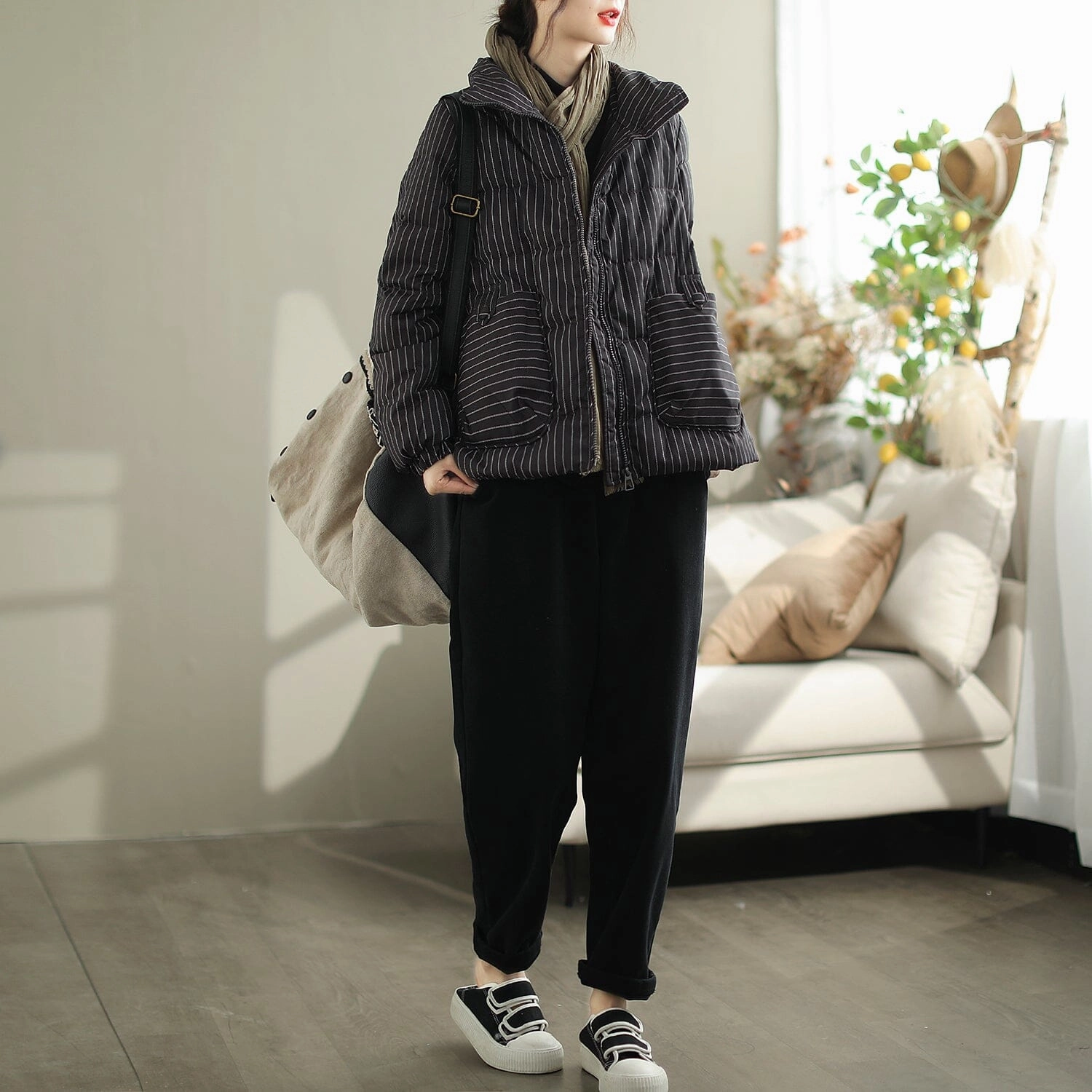 Women Winter Casual Fashion Stripe Down Coat Wind Resistant