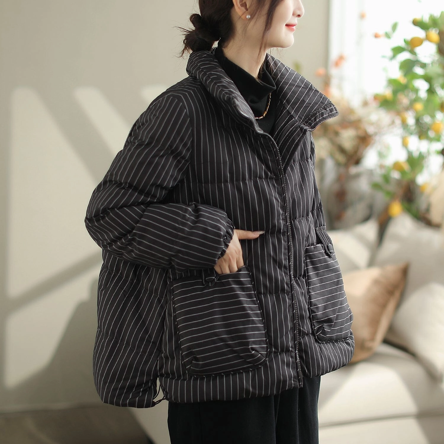 Women Winter Casual Fashion Stripe Down Coat Noise Reduced Fabric Crisp Detail