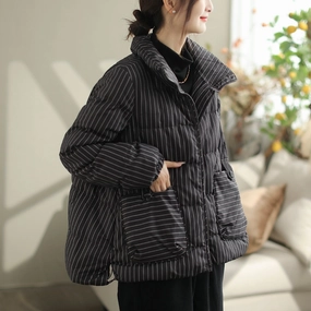 Women Winter Casual Fashion Stripe Down Coat Noise Reduced Fabric Crisp Detail