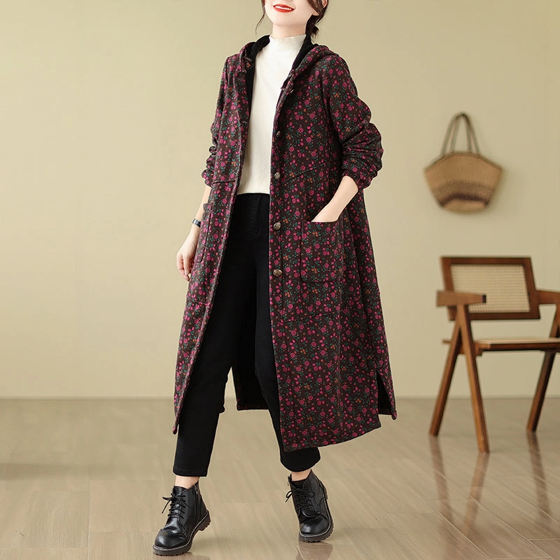 Articulated Elbows Women Winter Fashion Fleece-Lined Hooded Cotton Linen Long Coat