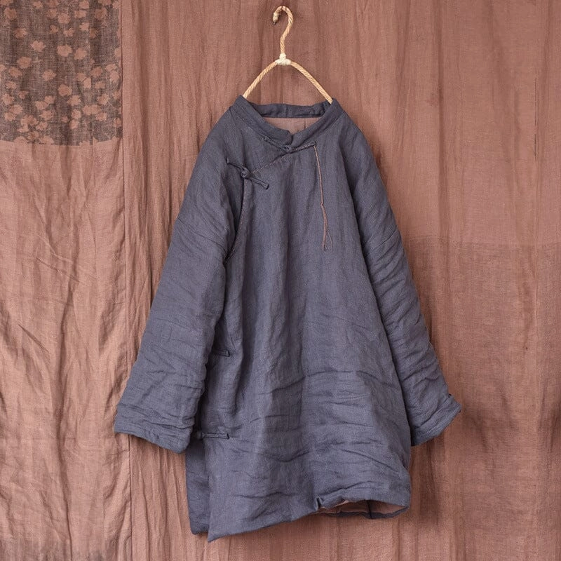 Women Winter Retro Casual Handcraft Linen Jacket Matte Fabric Aramid Fiber Blend