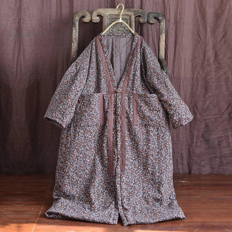 Women Winter Retro Floral Cotton Linen Quilted Overcoat UV Protection Finish Travel Light Fit
