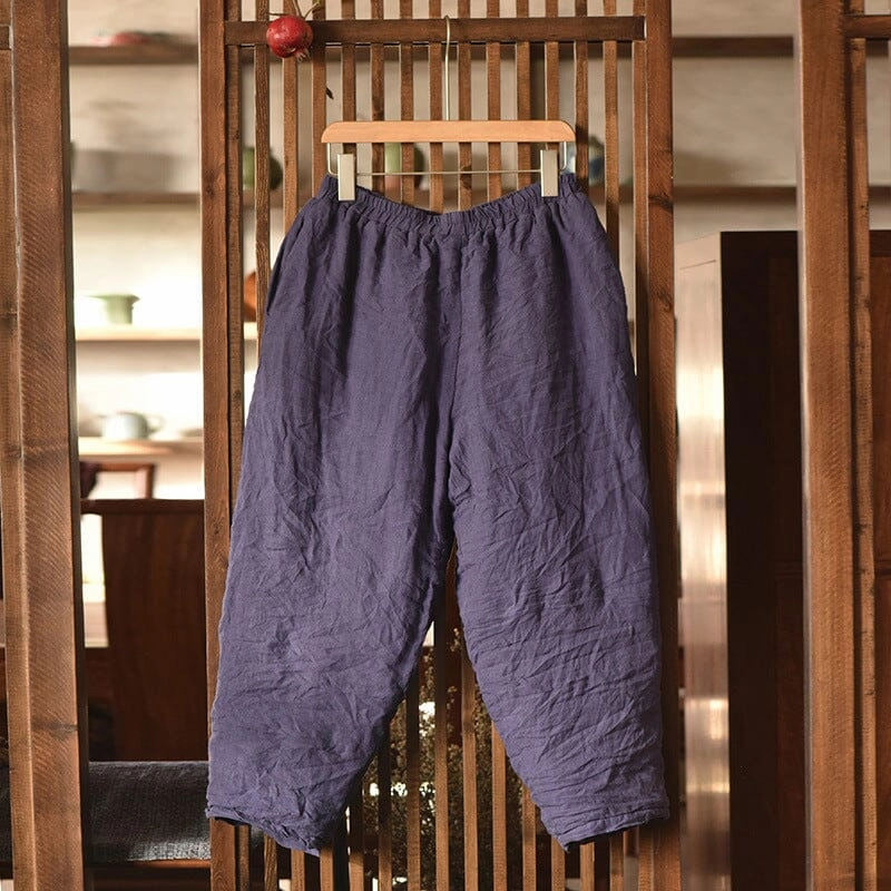 Women Winter Retro Pleated Loose Linen Quilted Pants Non-Constricting