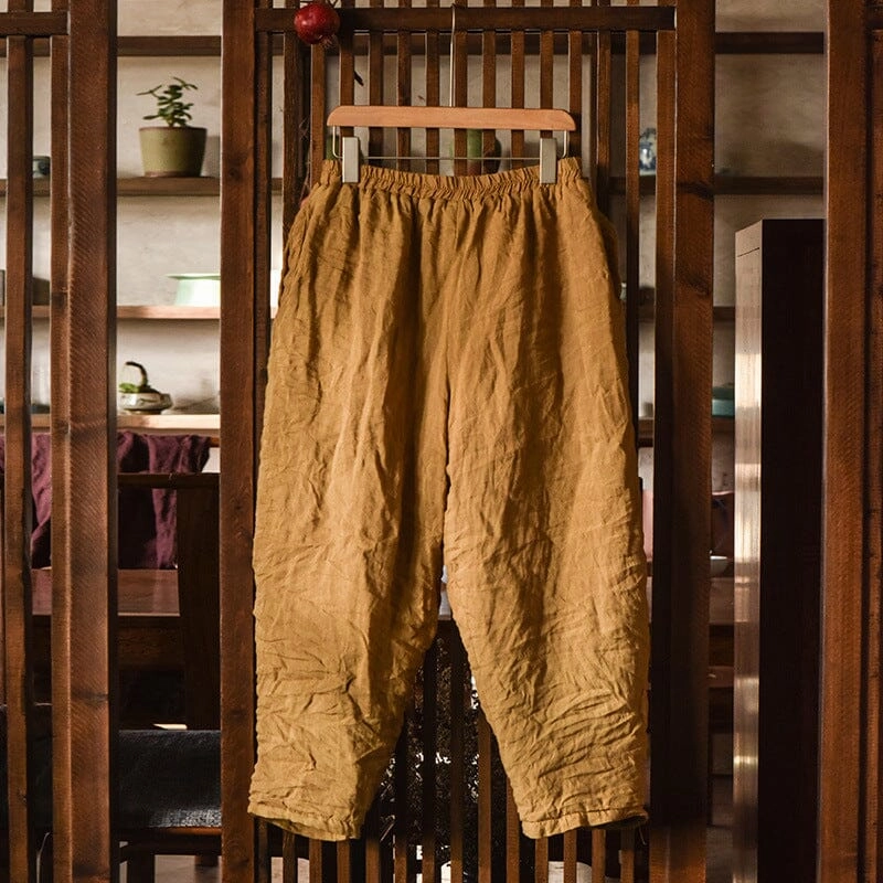 Women Winter Retro Pleated Loose Linen Quilted Pants snag resistant Temperature Regulating