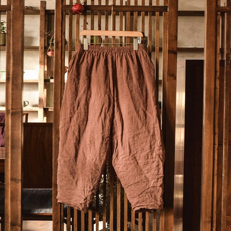 Women Winter Retro Pleated Loose Linen Quilted Pants Lightweight Material Unrestricted Fit