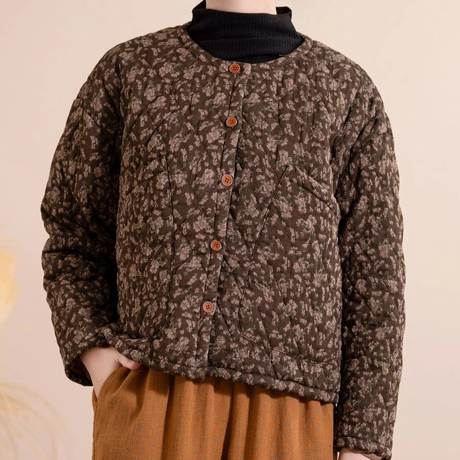 Flexible Waistband Everyday apparel Women Winter Retro Printed Floral Cotton Linen Quilted Jacket