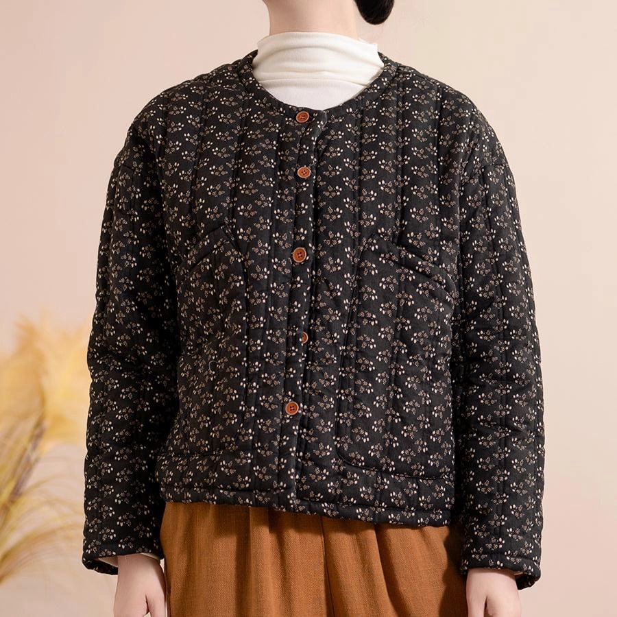 Women Winter Retro Printed Floral Cotton Linen Quilted Jacket Basic Layers