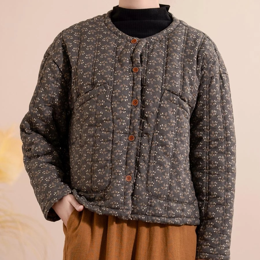 Lightweight Design Soft Fleece Lining Women Winter Retro Printed Floral Cotton Linen Quilted Jacket