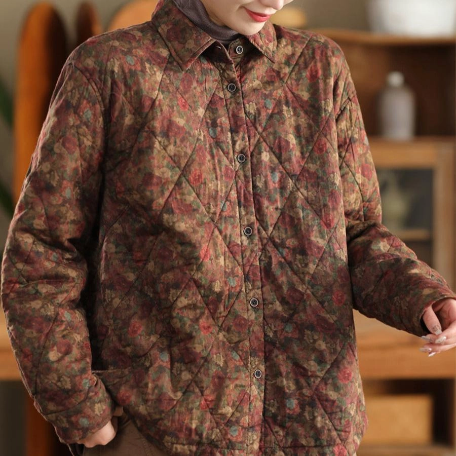 Casual Trend Women Winter Retro Printed Quilted Cotton Thick Warm Jacket