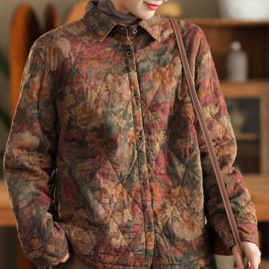 Women Winter Retro Printed Quilted Cotton Thick Warm Jacket Articulated Ergonomic Fit