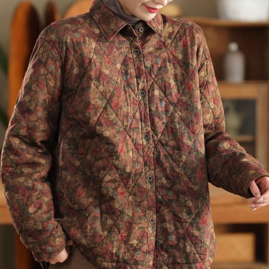 Women Winter Retro Printed Quilted Cotton Thick Warm Jacket Lightweight Comfort Compression Fit