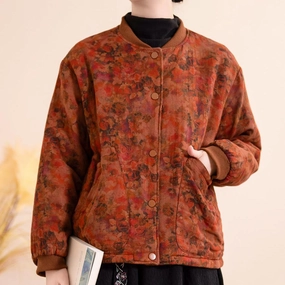 AllDay Comfort Design Women Winter Trendy Vintage Floral Cotton Bomber Jacket