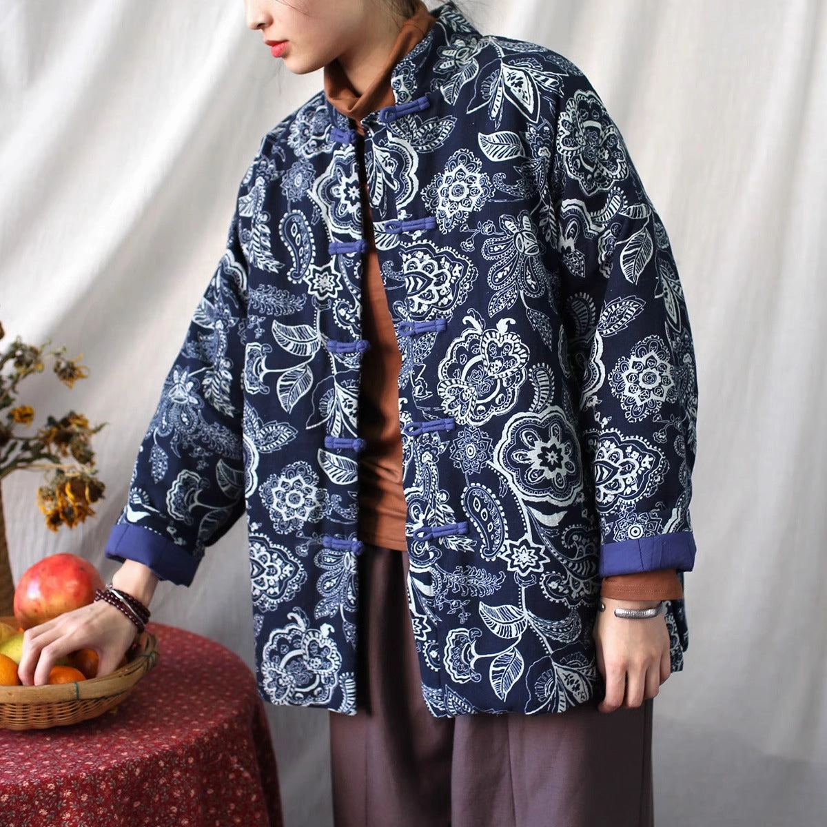 Flexible Fleece Lining Women Winter Vintage Floral Quilted Cotton Buttoned Jacket