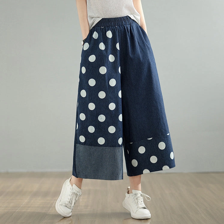 Swift Dry Babakud Women Spring Retro Patchwork Polka Dot Denim Pants