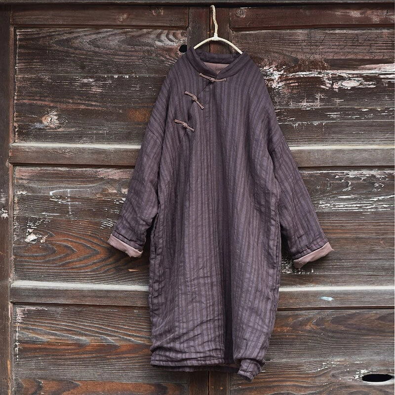 Women Winter Retro Stripe Linen Quilted Overcoat Windproof Design